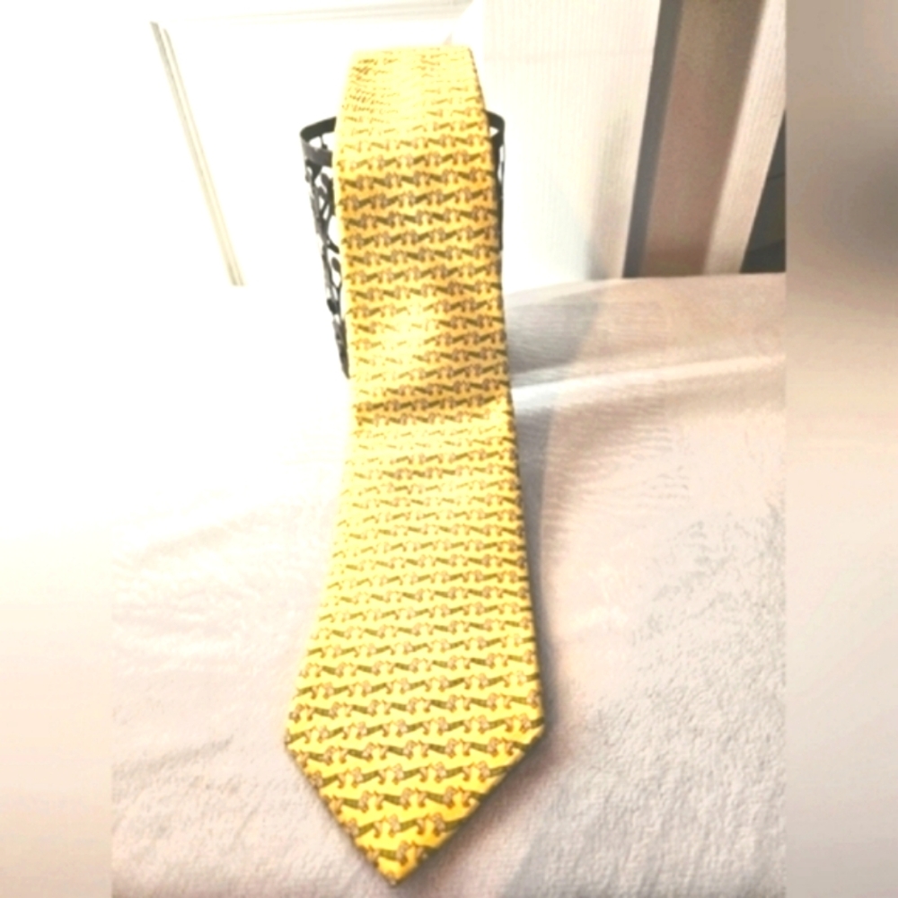 Salvatore Ferragamo Yellow and Green Silk Tie with Geometric Pattern